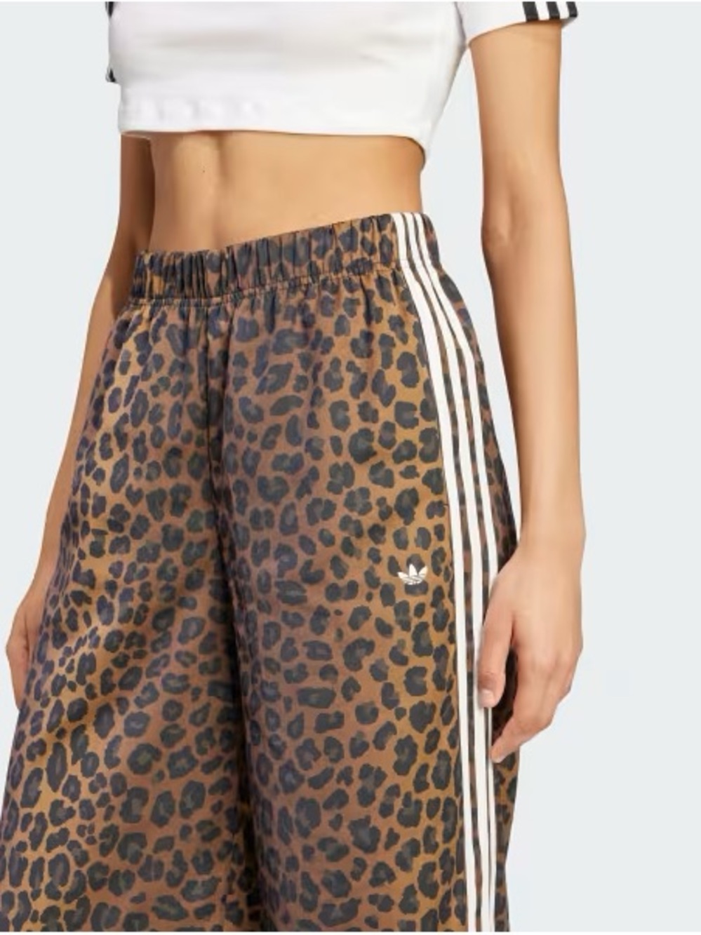 Adidas Satin Cheetah Print Wide-Leg Track Pants with White Stripes - Picture 2 of 2